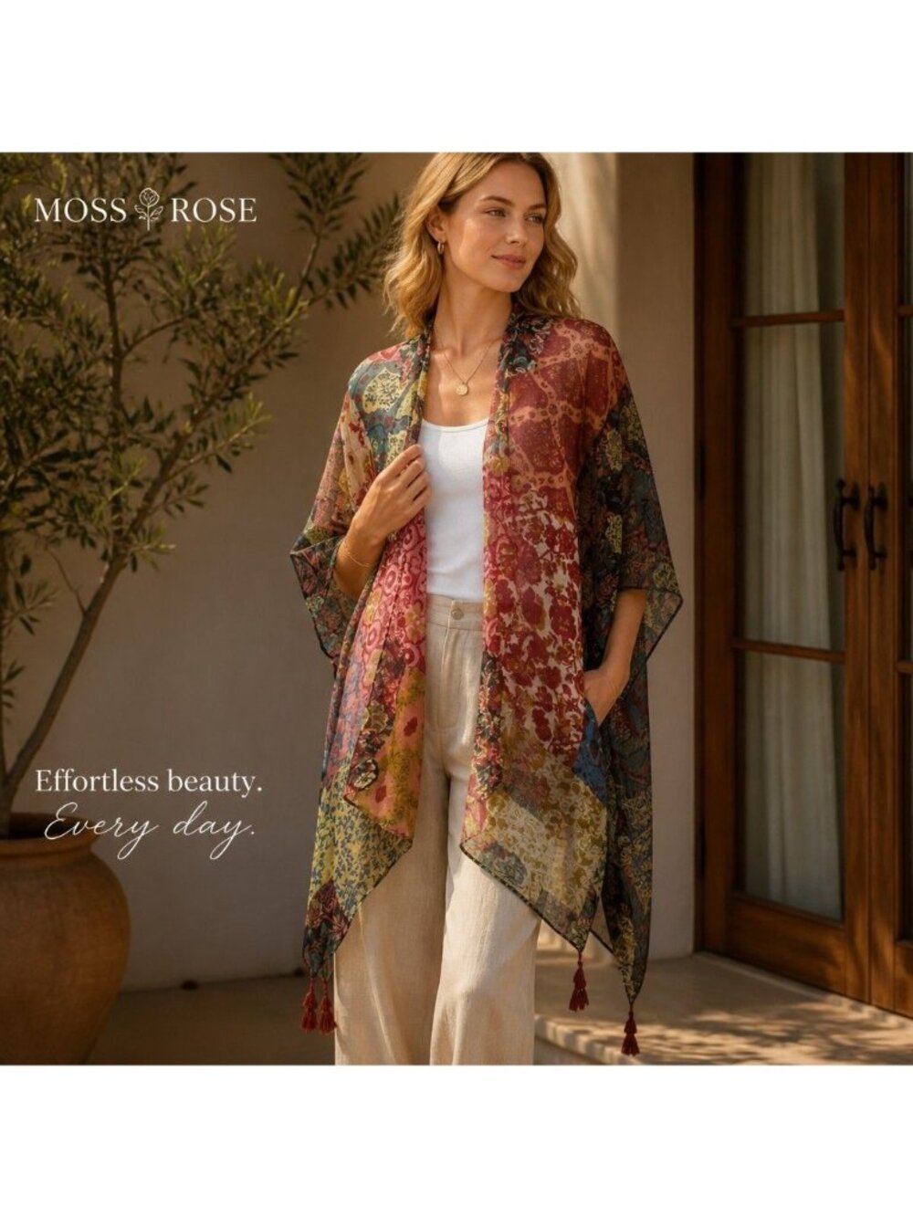 Moss Rose Boho Patchwork Kimono Cardigan Tassels Lightweight Sheer Cover-Up